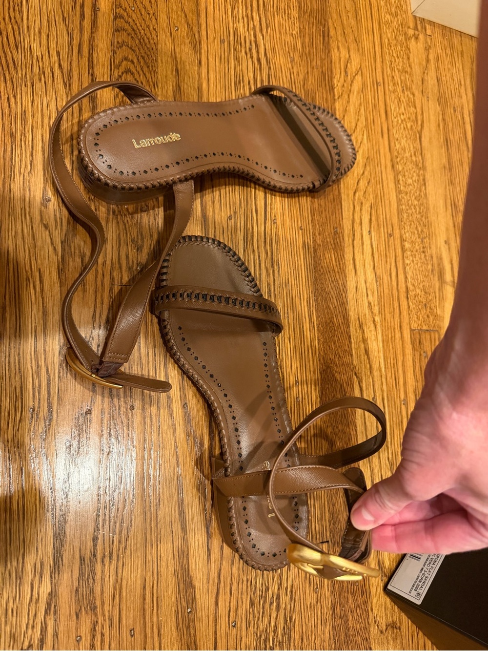 Larroude Brown Leather Ankle-Wrap Sandals